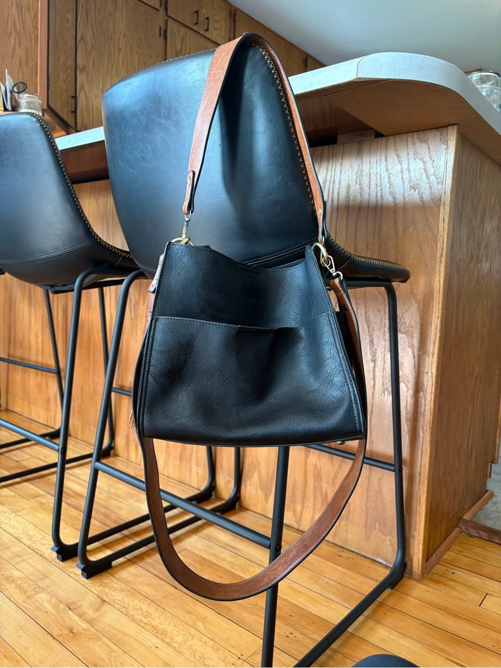 Joy Susan Black Shoulder Bag with Brown Strap